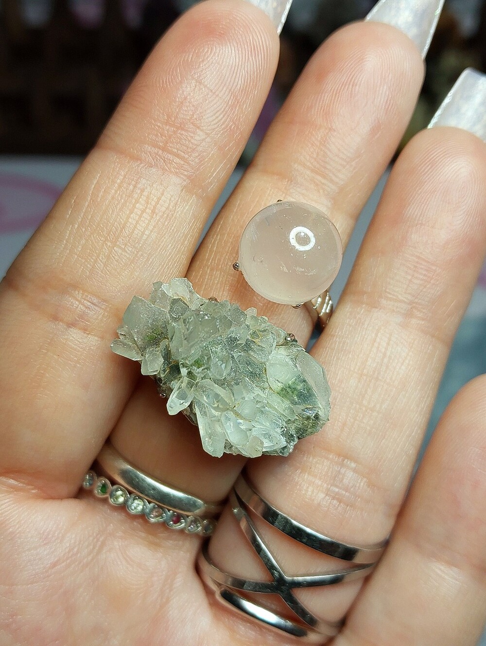 ⚒️ Raw Matrix Phantom Garden Quartz & Rose Quartz Copper Specimen Ring